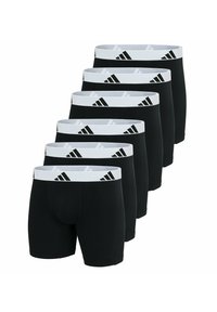 Seis pares de boxers negros con cinturillas blancas que presentan logotipos negros de Adidas, dispuestos en una fila escalonada.
