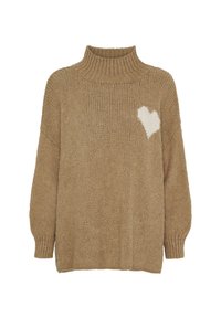 Beige strikket sweater med høj krave og løs pasform, der har et lille hvidt hjerte mønster på venstre side. Ribbet manchetter fuldender designet.
