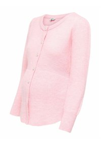 Różowy kardigan wykonany z miękkiego materiału, z okrągłym dekoltem, długimi rękawami oraz zapięciami na guziki z przodu. Teksturowany wzór.