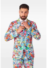 Brightly colored suit featuring a pattern of cartoon characters. The fabric is smooth with a fitted style and shiny finish.