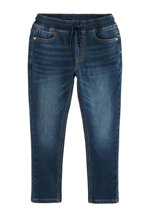 Pantalon jogger en denim bleu foncé avec taille élastique et cordon, fermeture éclair devant et poches sur fond blanc.