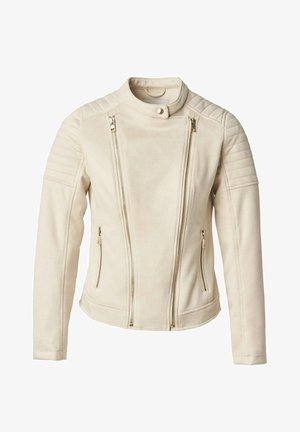 Veste beige au design ajusté, avec deux poches avant zippées et des zippers verticaux. Les panneaux texturés aux épaules ajoutent du détail.