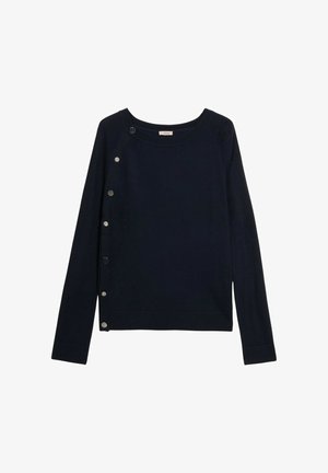 Maglione a maniche lunghe di colore blu navy con scollatura tonda, caratterizzato da dettagli a bottoni lungo il lato sinistro, realizzato in un tessuto morbido e testurizzato.