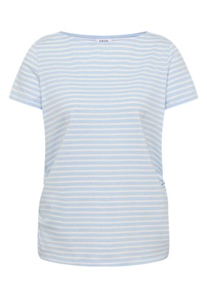 T-shirt à manches courtes à rayures horizontales bleu clair et blanc, avec un col rond et un léger froncé sur les côtés.