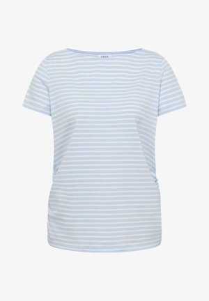 Lyseblå og hvide horisontale striber på kortærmet t-shirt med rund halsudskæring og let rynkning i siderne.