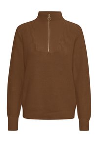 Pull marron tricoté à manches longues, col haut, avec une fermeture éclair dorée à l'avant munie d'une tirette circulaire.