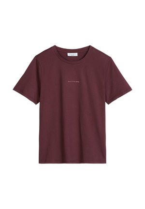 T-shirt bordeaux à manches courtes et col rond avec un petit texte « Marc O'Polo denim » centré sur la poitrine.