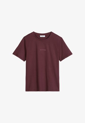 T-shirt bordeaux à manches courtes et col rond avec un petit texte « Marc O'Polo denim » centré sur la poitrine.