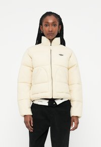 Giacca puffer crema con colletto alto, chiusura a zip e tasche anteriori. Presenta pannelli cuciti e un accento con logo sul petto.