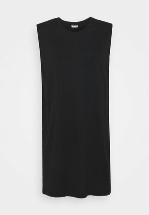 Sort ærmeløs lang tanktop med polstrede skuldre og en rund halsudskæring, præsenteret mod en hvid baggrund.