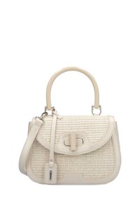 Beige Handtasche mit gewebter Textur, geschwungenem Handgriff, abnehmbarem Schulterriemen und einem glatten Lederboden mit einer vorderen Verschlussdetail.