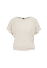 Haut beige clair à manches courtes avec un col rond, présentant un motif texturé et un ourlet légèrement raccourci. Tissu doux et lisse.