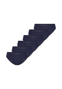 Paket mit sechs navyblauen Baumwollslips mit glatter Textur, elastischem Bund und nahtlosem Design für Komfort und Tragekomfort.