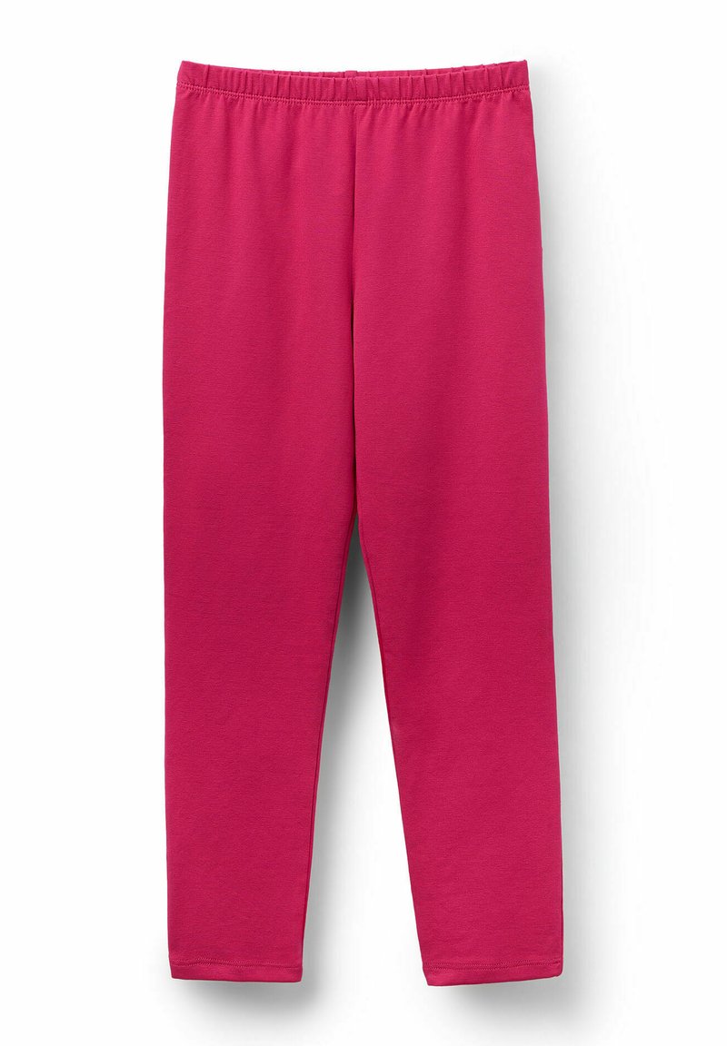 Leggings en coton fuchsia avec une taille élastique et des jambes droites. Texture lisse, sans poches ni motifs, adaptés pour un usage quotidien.