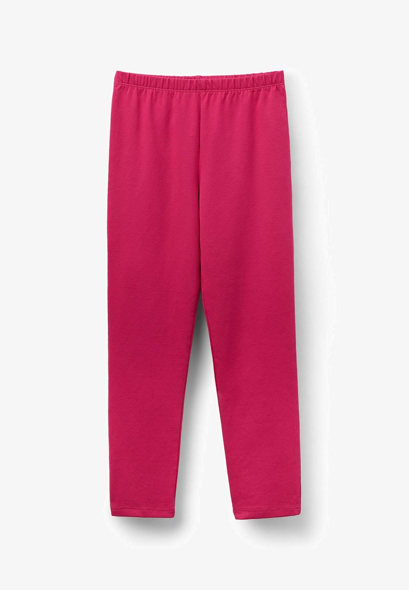 Fuksjowe legginsy bawełniane z elastycznym pasem i prostymi nogawkami. Gładka struktura, bez kieszeni i wzorów, idealne na co dzień.