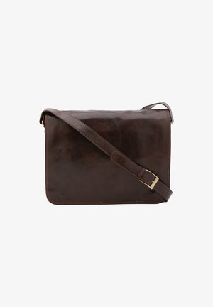 Borsa a tracolla in pelle marrone con texture liscia, forma rettangolare, tracolla regolabile e un accentuato cinturino in tono oro.