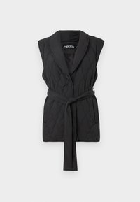 Gilet matelassé noir avec col châle, fermeture à un bouton, et une ceinture assortie, présentant une texture lisse et un design sans manches.