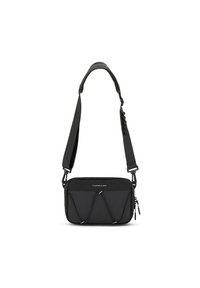 Borsa a tracolla nera con cinturino regolabile; realizzata in morbido tessuto con un motivo geometrico sulla parte anteriore e un compartimento con zip.