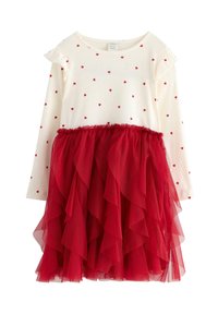 Langärmliges Kleid mit einem weißen, gerippten Oberteil, das mit roten Herzmustern verziert ist, und einem geschichteten roten Tüllrock mit einem gerafften Saum.