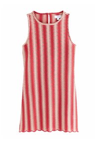 Vestido sin mangas a rayas rojas y crema con un diseño texturizado de punto; con dobladillo festoneado y detalle de abertura en la parte posterior.