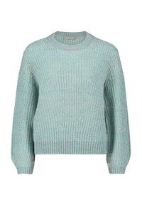 Jasnoniebieski dzianinowy sweter z okrągłym dekoltem, ściągaczami przy rękawach i u dołu. Posiada fakturowany wzór na całej powierzchni, który dodaje wizualnego uroku.