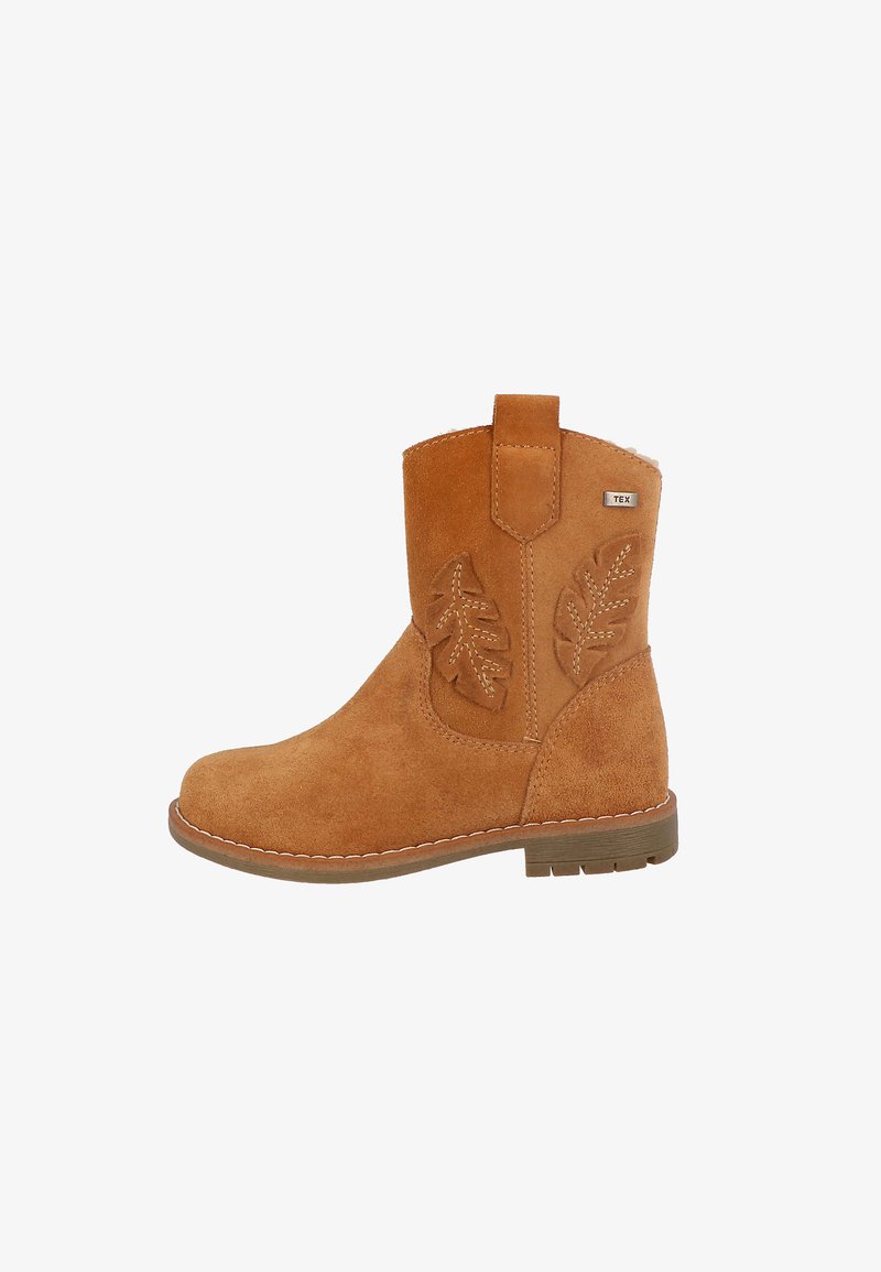 Suede ankle boots in light brown with decorative leaf embroidery, a rounded toe, and a pull tab on the heel. Stitched detailing along the sole.