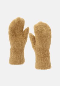 Moufles brunes et duveteuses en matériau doux et texturé ; forme arrondie avec un ajustement serré et un petit accent doré au poignet.