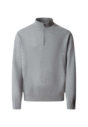Jersey gris claro de manga larga con cuello alto simulado y cremallera frontal de cuarto largo, puños y dobladillo acanalados, textura de punto liso.