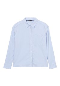Camicia azzurra chiara con righe verticali bianche, taschino sul petto e maniche lunghe con polsini abbottonati, realizzata in un tessuto morbido.