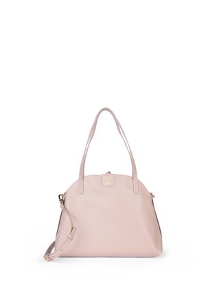 Borsa in pelle rosa chiaro con doppi manici a spalla, tracolla staccabile e una piccola targhetta con logo dorato sul davanti.