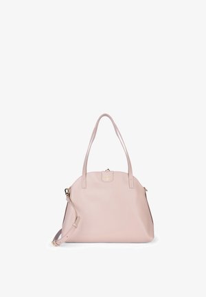 Lichtroze leren handtas met dubbele schouderbanden, afneembare crossbodyriem en een klein gouden logoplaatje aan de voorkant.