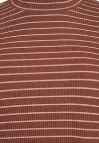 Ribbed knit top in brown with thin beige stripes. Features a high neckline and close-fitting design. Soft texture and stretchable material.