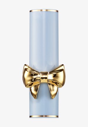 Blue cylindrical container with a glossy finish, adorned with a gold metallic bow accent and a gold rim at the top.
