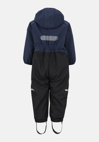 Navy och svart vattentät overall med huva, elastiska ärmslut, reflekterande accenter och justerbara remmar för säker passform.