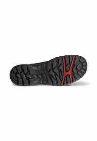 Suela de zapato de goma negra con un patrón de relieve profundo, detalles en rojo y secciones texturizadas para mejorar el agarre y la estabilidad.
