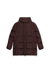 Cappotto imbottito bordeaux con cappuccio, design trapuntato, chiusure frontali a scatto e cerniere laterali. Realizzato in tessuto liscio e lucido.