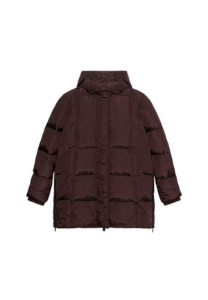 Bordeaux pufferjack met een capuchon, doorgestikt ontwerp, drukknoopsluitingen aan de voorkant en zijritsen. Gemaakt van een gladde, glanzende stof.