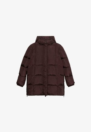 Bordeaux pufferjack met een capuchon, doorgestikt ontwerp, drukknoopsluitingen aan de voorkant en zijritsen. Gemaakt van een gladde, glanzende stof.