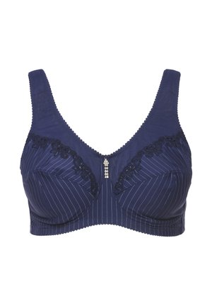 Soutien-gorge navy con motivo a righe e dettagli in pizzo nero. Presenta una chiusura anteriore con accessori decorativi in argento. Tessuto morbido con spalline larghe.