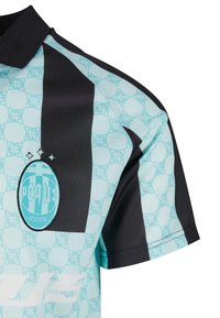 Turquoise en zwart sport polo shirt met geometrische patronen, een klassieke kraag en een geborduurd logo op de borst.