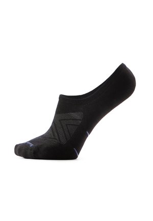 Calzino nero invisibile con motivi geometrici e sottili accenti blu, mostrato su sfondo bianco.