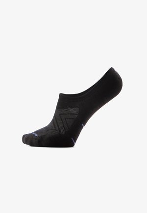 Chaussette noire invisible avec motifs géométriques et accents bleus subtils, présentée sur un fond blanc.