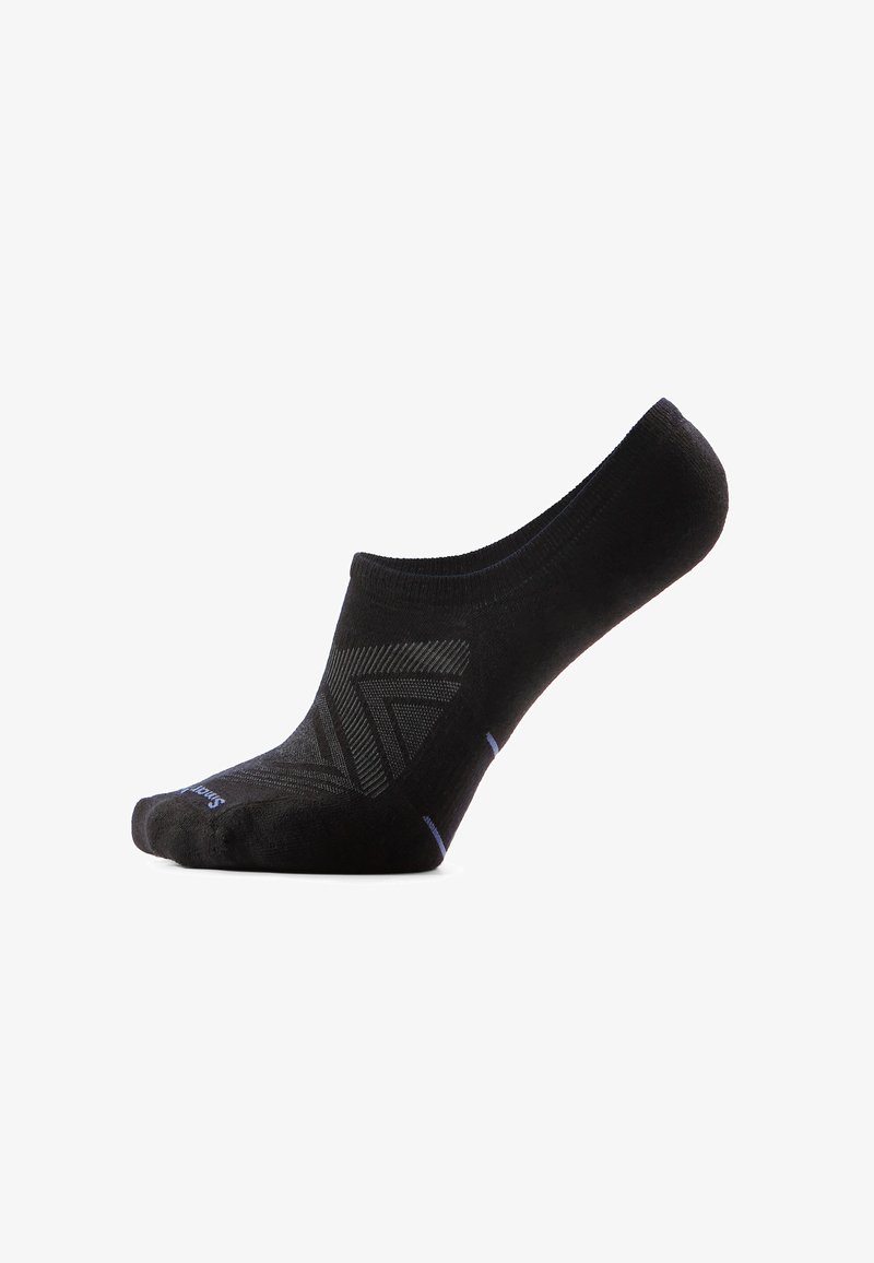 Chaussette noire invisible avec motifs géométriques et accents bleus subtils, présentée sur un fond blanc.