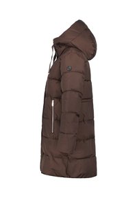 Abrigo de plumas marrón con capucha, que presenta un bolsillo frontal con cremallera y un diseño acolchado horizontal, hecho de un material suave y resistente al agua.