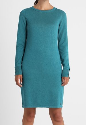 Kvinde iført en langærmet, knælang, teal strikkjole med knapdetaljer på manchetterne mod en enkel baggrund.