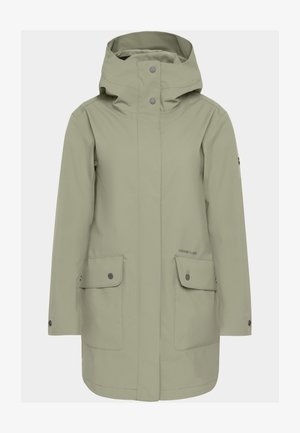 Veste imperméable vert clair avec capuche, fermetures à pression, deux poches avant et coupe droite. Fabriquée avec un matériau durable.