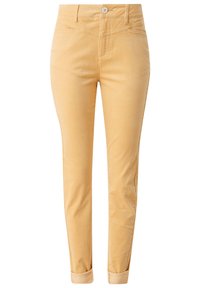 Pantaloni in cotone slim-fit, giallo chiaro, con chiusura a bottone, tasche frontali e orli arrotolati; texture liscia e dettagli di cucitura minimi.
