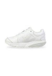 Weißer Sportschuh mit einem glatten Leder-Obermaterial, strukturierten Akzenten, gerundetem Zeh und einer gepolsterten Sohle für Unterstützung und Komfort.