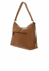 Sac d'épaule en cuir fauve avec un design incurvé, une fermeture éclair sur le dessus, une poche avant et des accents de quincaillerie dorée. Comprend une bandoulière amovible.