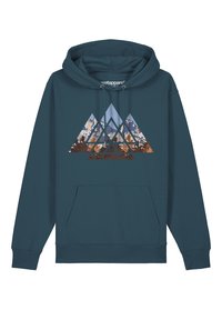 Sweat à capuche teal présentant un motif géométrique de montagne en dégradés de bleu, marron et orange. Comprend une poche avant et un cordon de serrage à la capuche.